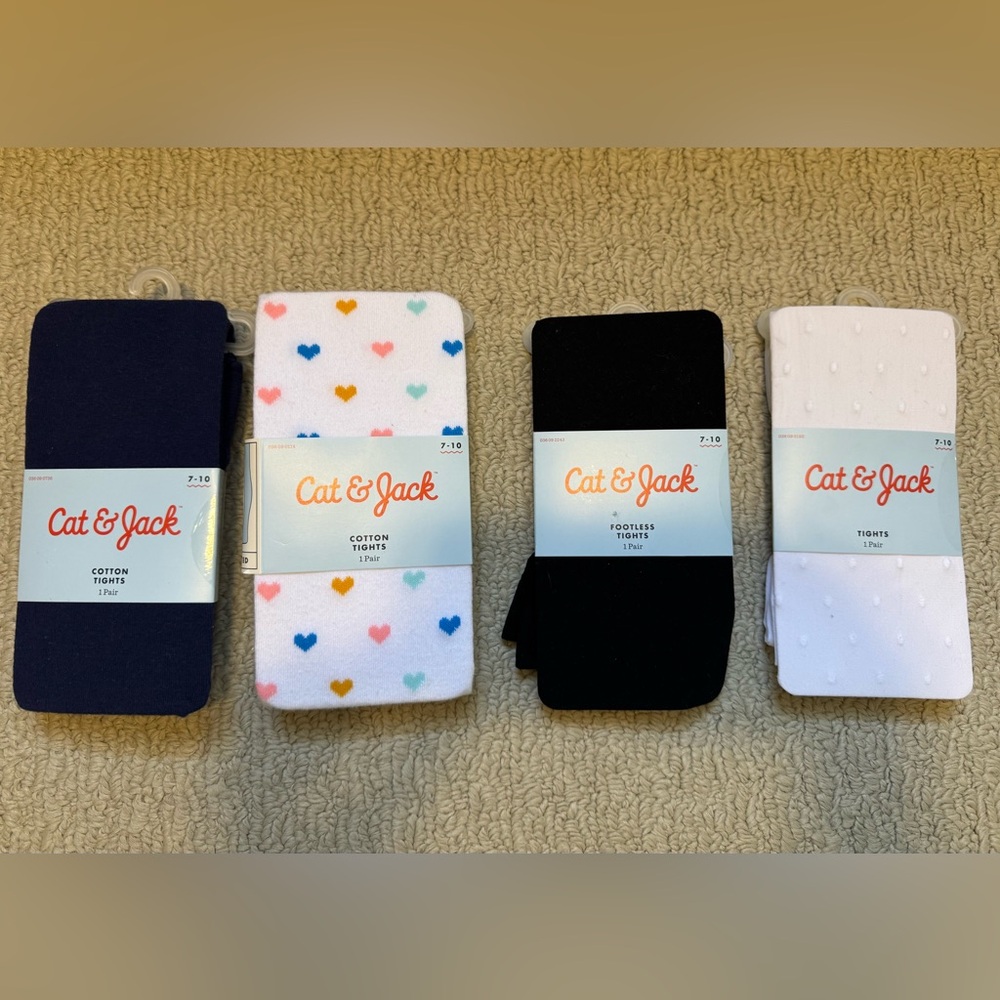 Lot of 4 Cat & Jack Girl Tights - Navy, Multicolor Hearts, Black, White